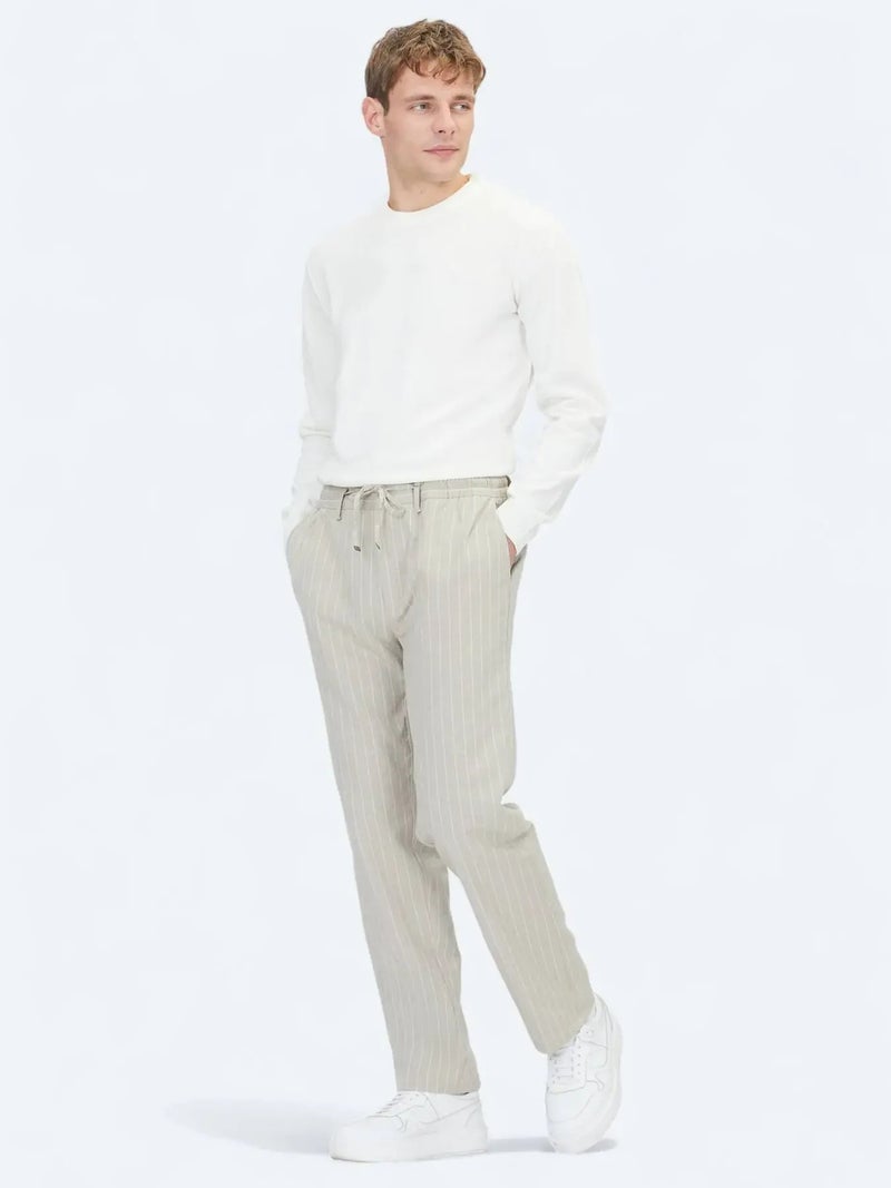 Kip Beige Weaving Jogging Fit Casual Linen Blended Trousers - Image 1